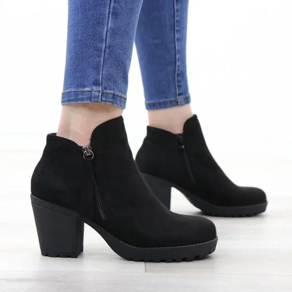 Black Chunky Heel Ankle Boots Suede Lug High Heel Booties - Picture 10 of 15